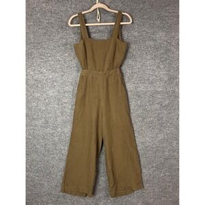NEW VETTA Olive Green 100% Linen Wide Leg Jumpsuit Tie Waist